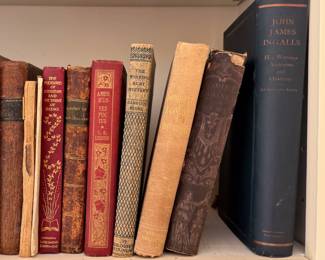 More antique and vintage books including The Winking Ruby Mystery by Carolyn Keene, Americus Vespucius by C. F. Lester, A Collection of the Writings of John James Ingalls: Essays, Addresses, and Orations, and Domestic Economy by Miss Beecher (Catherine Beecher, sister of Harriet Beecher Stowe)