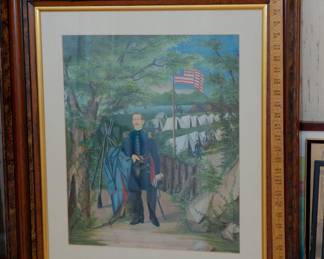 Framed signed painting of Civil War officer, his great coat draped over muskets, with flag and tents of a soldier camp in the background