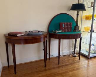Pair of beautiful Hepplewhite style demilune folding game tables with felt
