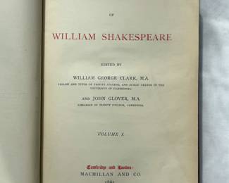 Inside page of Antique set of The Works of Shakespeare, hardcover, 9 volumes, published 1863 by Macmillan and Co., special edition dedicated to the Duke of Devonshire