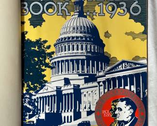 Inside pages of The Democratic Book 1936, in original gilt-lettered brown leather with the original pictorial wraps bound in; 384 pages. Signed by President Franklin Delano Roosevelt beneath a color image of the White House on the limitation leaf, #533 of an unstated limitation of 2500 copies. A voluminous book of information and advertising (many liquor ads) that was used as a fund raiser for the Democratic Party.