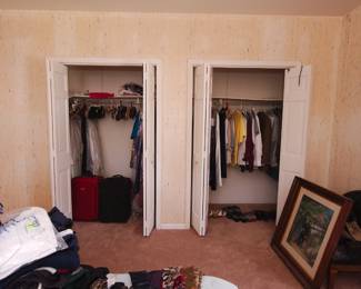 Vintage clothing, luggage, framed artworks, club chair