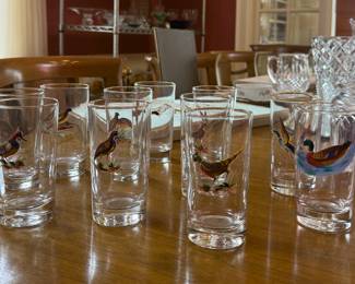 Set of vintage barware glasses with painted decoration of ducks and pheasants