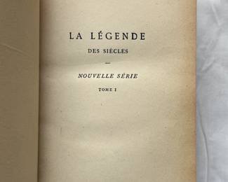 Inside pages of French language versions of Victor Hugo books: La Légende des Siècles Nouvelle Série, volumes I and II, leather hardcovers, 1879, printed in Paris