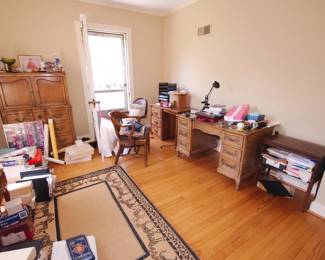 Drawer front desks, African zebra/leopard themed area rug, sports trading card collections/sets, vintage post-modern swing arm metal lamp, posters/prints