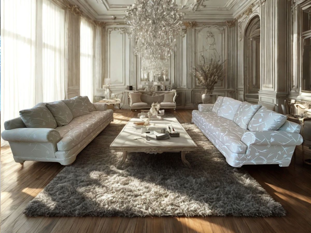 Lot 1: A Pair of Neutral Sofas/Couches. Beige with white design. Dimensions: Width 87 x depth 36 x height 34 inches. CONDITION: Excellent.