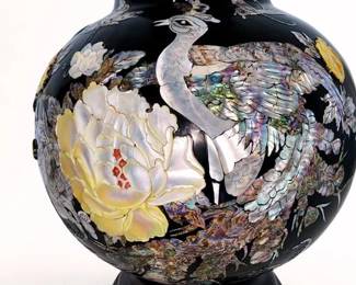Lot 20: Asian Black Lacquer Mother-Of-Pearl Large Vase depicting peacock and small and large flowers. See close up pics separately.
Height 28 x Diameter 49 inches