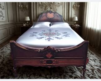 Lot 4: A Romantic Shabby Chic French-style Carved Vintage Two-Tone Wood Bed Frame: Headboard, footboard, side rails.
Size: FULL Height 31 x Width 51 x Length 78 inches