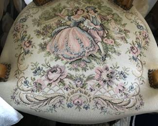 Lot 9: An Antique Pair of Tapestry Fabric Upholstered Gilt Chairs and Side Table Set.
Table: Width 31.5 x Depth 23 inches Each Chair: Width 25 x Depth 17 inches