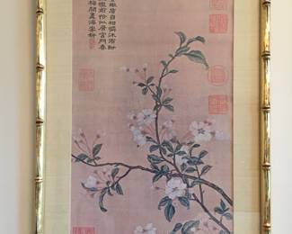 Lot 28: A Set of 3 Asian Paintings of Flowers, Trees, Ducks, Birds Matted in Gold-Tone Bamboo Frames
Large Frame: Height 25 x Width 21 inches Small Frames: Height 25 x Width 16 inches
