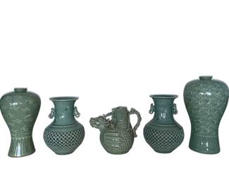 Lot 35: A Set of Five Asian Celadon Glazed Porcelain Articles