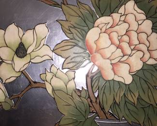 Lot 29: An Artwork of Pink, Green, Yellow Flowers in Vase Against Silver Tone Background.
Height 50 x Width 20 inches