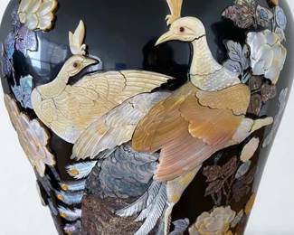 Lot 18: A Pair of Large Korean Black Lacquer Vases depicting peacock with long feathered tail and various size Asian flowers, birds and moon. See close-up in other pictures. Height: 41 x Width: 15 x Diameter: 44 inches