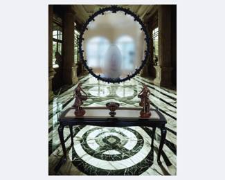 Lot 7: A Round Mirror with Black Frame and Black Mirrored Console Table Mirror: Diameter 37 inches Console Table: Width 54 x Height 25 x Depth 15.5 inches