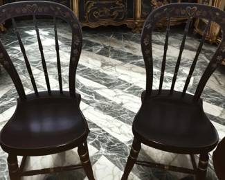 Lot 13: A Pair of Antique Accent Chairs in Black Wood with A Hand Painted Top. Chair: Width 14 x Depth 14 x Height 34 inches Chair Seat Height: 17.5 inches