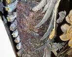 Lot 18: A Pair of Large Korean Black Lacquer Vases depicting peacock with long feathered tail and various size Asian flowers, birds and moon. See close-up in other pictures. Height: 41 x Width: 15 x Diameter: 44 inches