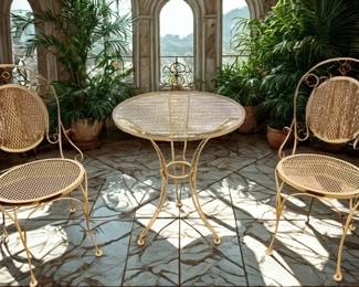 Lot 8: An Indoor/Outdoor Patio Dinette Set Condition: Very good. Only displayed indoors. Photo shows brown on set, but it is not brown, only yellow. Table Diameter: 24 x Height: 28 inches