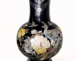 Lot 20: Asian Black Lacquer Mother-Of-Pearl Large Vase depicting peacock and small and large flowers. See close-up pics separately.
Height 28 x Diameter 49 inches