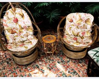 Lot 2: A Pair of Unique Vintage Collector's Item Rattan SWIVEL upholstered chairs.
High-back SWIVEL chair: W 28" x D 33".
Lower-back SWIVEL chair: W 30" x D 31".
CONDITION: Upholstery is very clean, good. Reupholstered recently. Unique Rattan good commensurate with vintage age. Extra roll of fabric included. These pair of chairs are sold separately or as part of a 7-piece Rattan set. See other Rattan listings. See close up of fabric and other pieces in next photos.