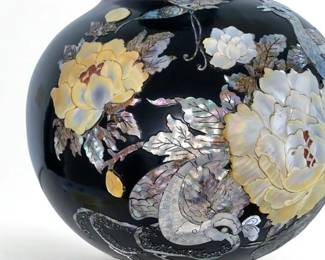 Lot 20: Asian Black Lacquer Mother-Of-Pearl Large Vase depicting peacock and small and large flowers. See close up pics separately.
Height 28 x Diameter 49 inches