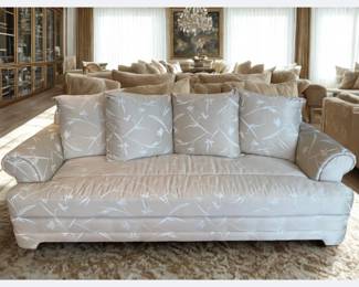 Lot 1: A Pair of Neutral Sofas/Couches. Beige with white design. Dimensions: Width 87 x depth 36 x height x 34 inches. CONDITION: Excellent