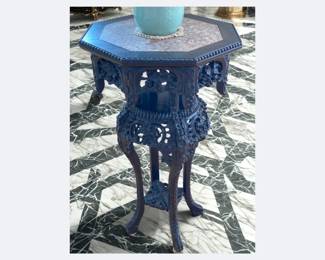 Lot 17: A Chinese Antique Hand Carved Hardwood Eight-Sided Marble Top Table. Height 34 x Diameter 20 inches. CONDITION: Good with overall wear commensurate with antique age.