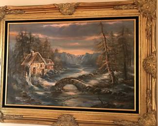Lot 71: A Signed Original Artwork/Painting of House in Woods in Gold Frame. Signed: SETWAN 1980. Width: 45 x Height 32.5 inches
