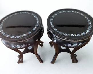 Lot 23: Top of Pair of Asian Black Lacquer Mother-of-Pearl Pedestal Stands.
Height 23.5 x Width 17.5 inches. Table Top Diameter: 15 inches.