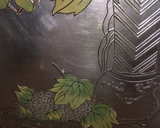 Lot 29: An Artwork of Pink, Green, Yellow Flowers in Vase Against Silver Tone Background.
Height 50 x Width 20 inches