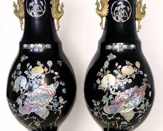 Lot 21: A Pair of Korean Black Lacquer Mother-of-Pearl Vases depicting a peacock and flowers. Height: 26 x Width: 10 x Diameter: 31 inches