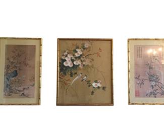 Lot 28: A Set of 3 Asian Paintings of Flowers, Trees, Ducks, Birds Matted in Gold-Tone Bamboo Frames
Large Frame: Height 25 x Width 21 inches Small Frames: Height 25 x Width 16 inches