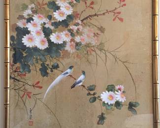 Lot 28: A Set of 3 Asian Paintings of Flowers, Trees, Ducks, Birds Matted in Gold-Tone Bamboo Frames
Large Frame: Height 25 x Width 21 inches Small Frames: Height 25 x Width 16 inches