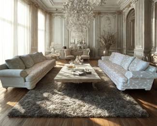 A Pair of Neutral Sofas/Couches. Beige with white design. Dimensions: Width 87 x depth 36 x height 34 inches. CONDITION: Excellent.