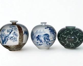 Lot 36: Set of 3 Asian Vases. Largest Vase: Height 9 x Diameter 28 inches Middle Vase: Height 8.5 x Diameter 27 inches Small Green Vase: Height 7 x Diameter 26 inches CONDITION: Excellent. No chips.