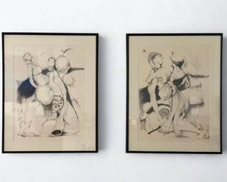 Lot: 69: A Pair of Large Original Signed Black and White Sketches in Black Frame with Matte.
Height: 37 x Width: 29 inches.