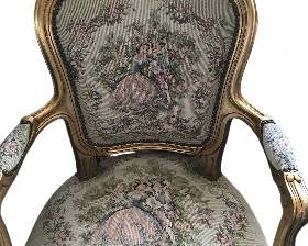 Lot 9: An Antique Pair of Tapestry Fabric Upholstered Gilt Chairs and Side Table Set.
Table: Width 31.5 x Depth 23 inches Each Chair: Width 25 x Depth 17 inches