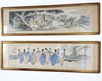 Lot 26: A Pair of Korean Paintings in Gold Frame Width: 62 x Height 19 inches