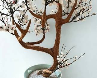 Lot 37: A Chinese Porcelain Green Pot with A Faux Tree and Branches with Flowers Height: 29 x Width 19 inches CONDITION: Overall very good. One branch has small crack