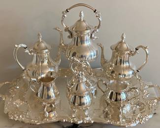 Lot 77: A 7-piece silver plated coffee/tea set with tray by Sheridan Taunton Silversmiths. Tray Width: 31 x Depth 18 inches
