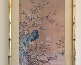 Lot 28: A Set of 3 Asian Paintings of Flowers, Trees, Ducks, Birds Matted in Gold-Tone Bamboo Frames
Large Frame: Height 25 x Width 21 inches Small Frames: Height 25 x Width 16 inches