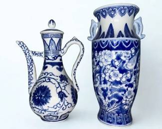Lot 38: Two Blue and White Chinese Glazed Articles
Tea Pot: Height 10 x Width 7 inches Vase: Height: Height 10.5 x Width 6 inches