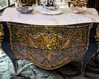 Lot 6: A Louis XV Style Lacquered Marble-Top Bombe Chests/Commode. Two available.
DIMENSIONS: Height: 33.5 inches x Width: 45.5 x Depth: 20.5 inches. Two deep drawers.
CONDITION: Very good.