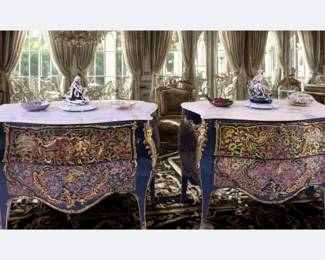 Lot 6: A Pair of Louis XV Style Lacquered Marble-Top Chests/Commodes: Height: 33.5 inches x Width: 45.5 x Depth: 20.5 inches Two deep drawers per commode. CONDITION: Very good. Sold separately or as a set.