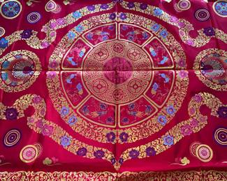 LOT 52: A stunning silk two-sided red with embroidered finished article for overlay on bed, sofa, table, framed as artwork, decorative. See beautiful back side in different silk fabric and design.
Dimensions: 80 x 58 inches.