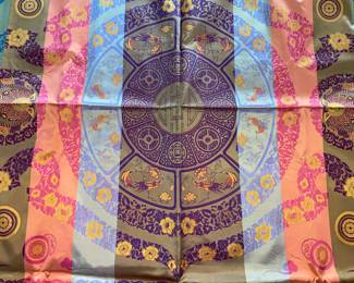 LOT 52: A stunning silk two-sided red with embroidered finished article for overlay on bed, sofa, table, framed as artwork, decorative. See beautiful back side in different silk fabric and design.
Dimensions: 80 x 58 inches.