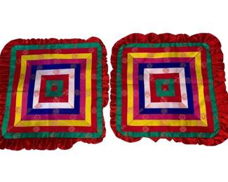 Lot 48: A Pair of Asian Colorful Square Pillow Shams with Geometric Design. 14 x 14 inches.