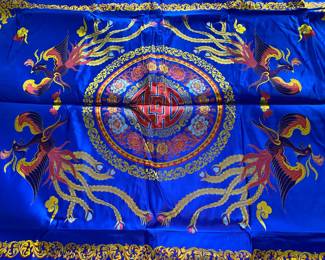 Lot 51: A stunning Korean silk royal blue finished article for use on bed, sofa, table, framed as artwork, decorative.
DIMENSIONS: 99 X 71 inches.