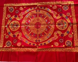 LOT 52: A stunning silk two-sided red with embroidered finished article for overlay on bed, sofa, table, framed as artwork, decorative. See beautiful back side in different silk fabric and design.
Dimensions: 80 x 58 inches.