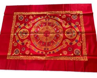 LOT 52: A stunning silk two-sided red with embroidered finished article for overlay on bed, sofa, table, framed as artwork, decorative. See beautiful back side in different silk fabric and design.
Dimensions: 80 x 58 inches.
