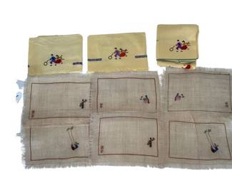Lot 64: A Set of 6 Asian Neutral Smaller Placemats with Embroidered Asian Various Pictures and Additional Asian Textiles Articles. See close up photos of embroidered scenes. Smaller Placemats: 14 x 10 inches